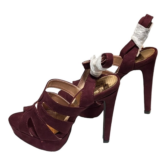 Qupid Reflective Platform High Heel Sandals Burgundy Faux Suede Open Toe Cutout - Picture 5 of 8